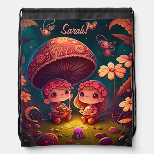 Lovely cute elves play under mushrooms          drawstring bag