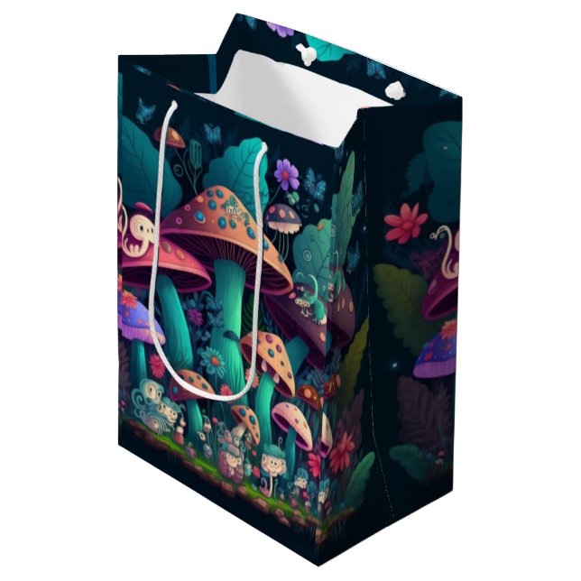 Lovely cute elves play under mushrooms    gift bag (Front Angled)