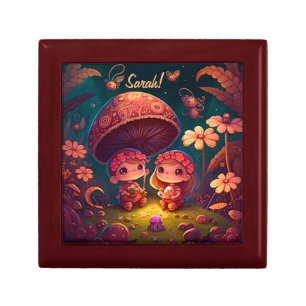 Lovely cute elves play under mushrooms gift box