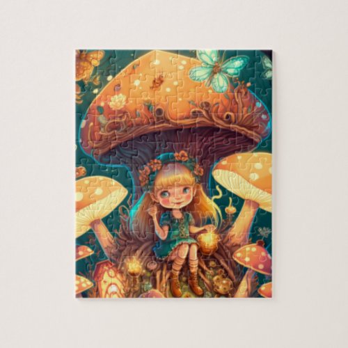 Lovely cute elves play under mushrooms     jigsaw puzzle