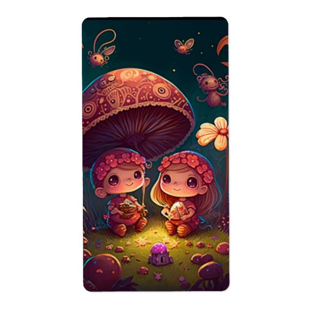 Lovely cute elves play under mushrooms    label (Front)