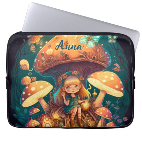 Lovely cute elves play under mushrooms  laptop sleeve