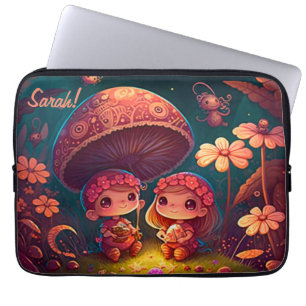 Lovely cute elves play under mushrooms laptop sleeve