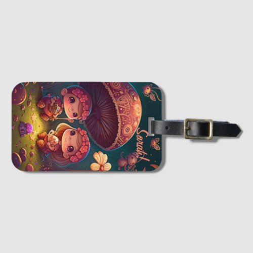 Lovely cute elves play under mushrooms          luggage tag