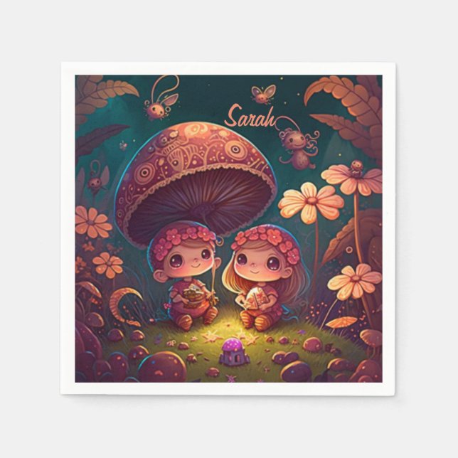Lovely cute elves play under mushrooms      napkins (Front)