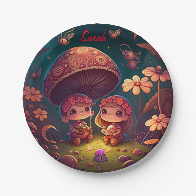 Lovely cute elves play under mushrooms    paper plates (Front)