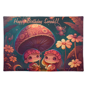 Lovely cute elves play under mushrooms         pla cloth placemat