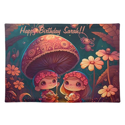 Lovely cute elves play under mushrooms         pla cloth placemat