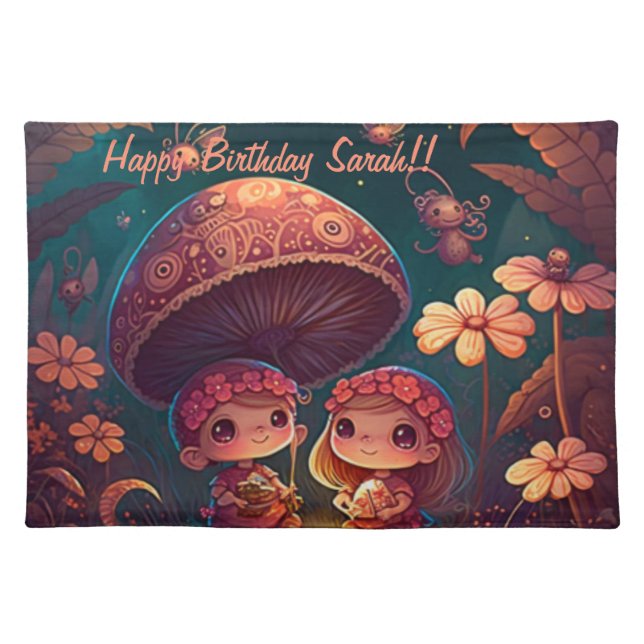 Lovely cute elves play under mushrooms         pla cloth placemat (Front)