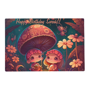 Lovely cute elves play under mushrooms         placemat