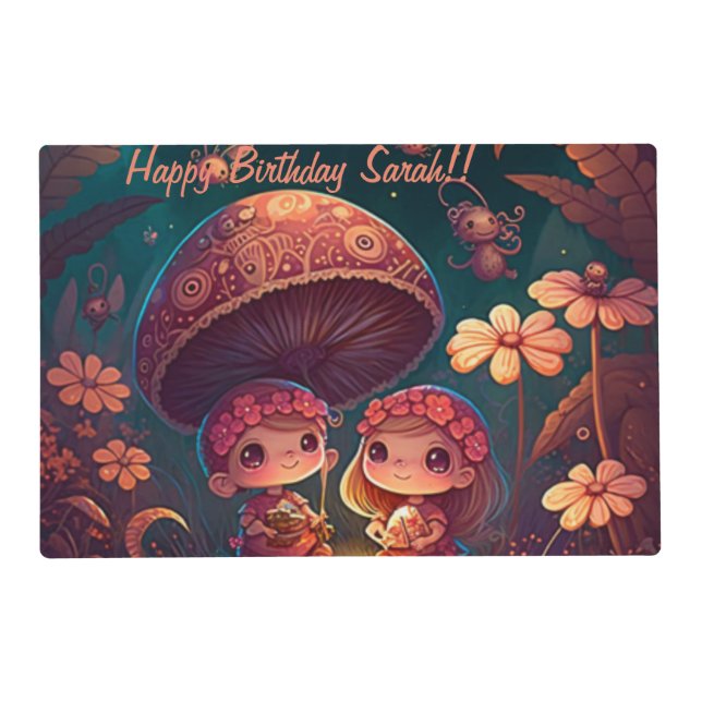Lovely cute elves play under mushrooms         placemat (Front)