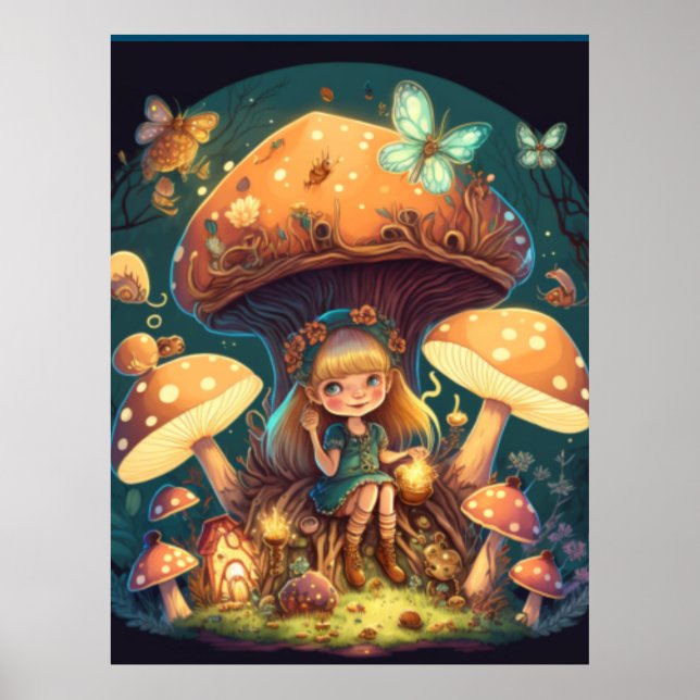 Lovely cute elves play under mushrooms    poster (Front)