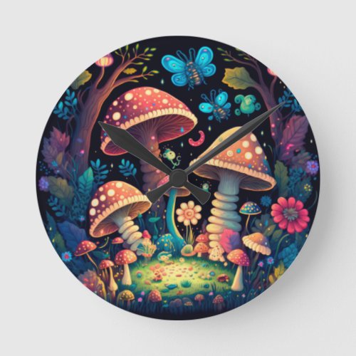 Lovely cute elves play under mushrooms   round clock