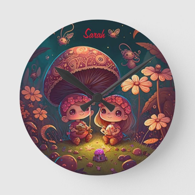 Lovely cute elves play under mushrooms     round clock (Front)