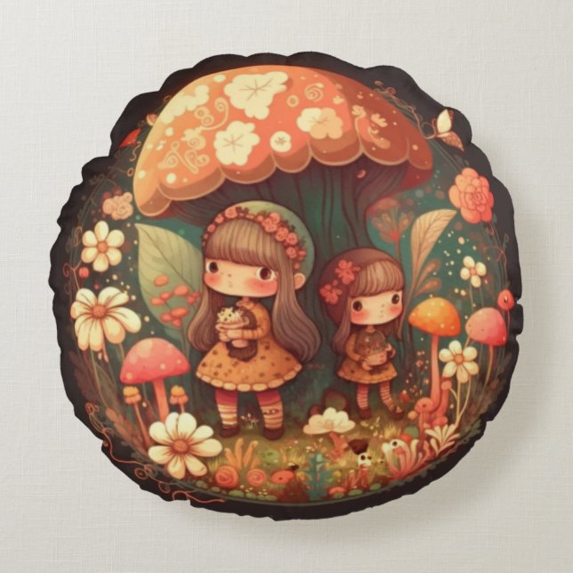 Lovely cute elves play under mushrooms     round p pillow (Front)