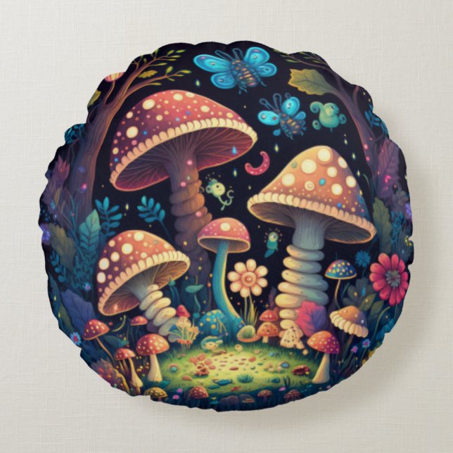 Lovely cute elves play under mushrooms     round p pillow (Front)