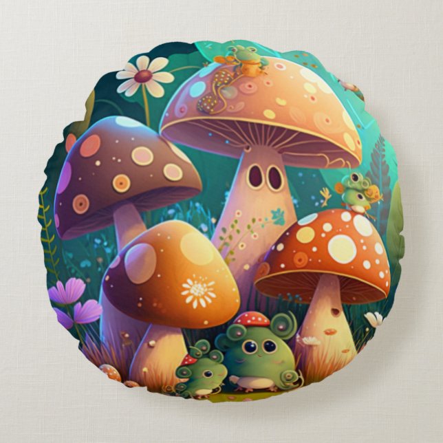 Lovely cute elves play under mushrooms     round p pillow (Front)