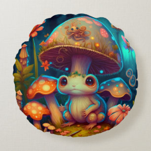Lovely cute elves play under mushrooms round p pillow