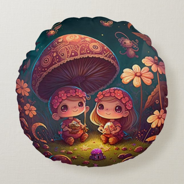 Lovely cute elves play under mushrooms     round p round pillow (Front)