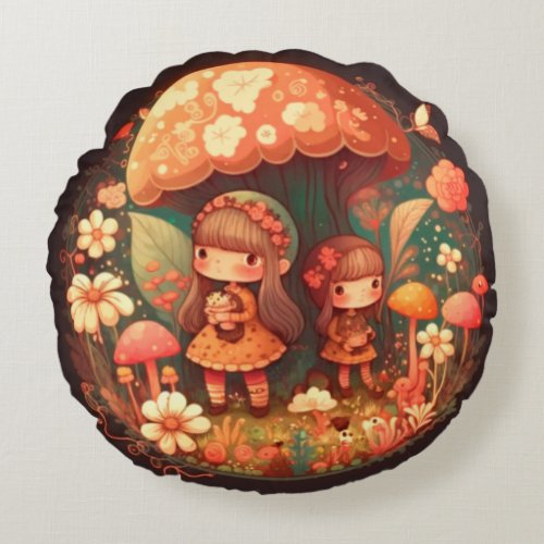 Lovely cute elves play under mushrooms     round p round pillow