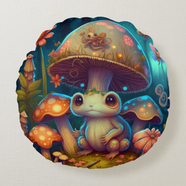 Lovely cute elves play under mushrooms     round p round pillow (Front)