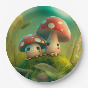 Lovely cute elves play under mushrooms round pill paper plates