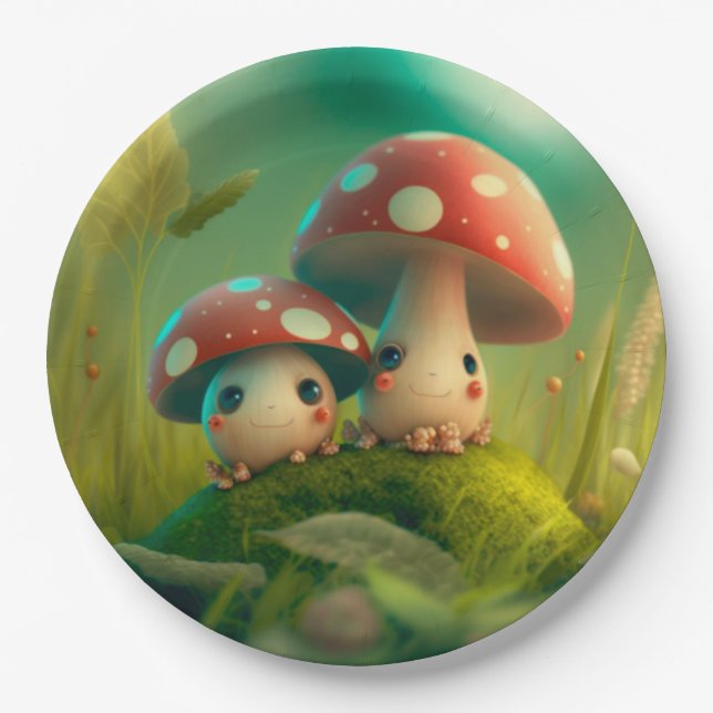 Lovely cute elves play under mushrooms  round pill paper plates (Front)
