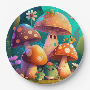 Lovely cute elves play under mushrooms round pill paper plates