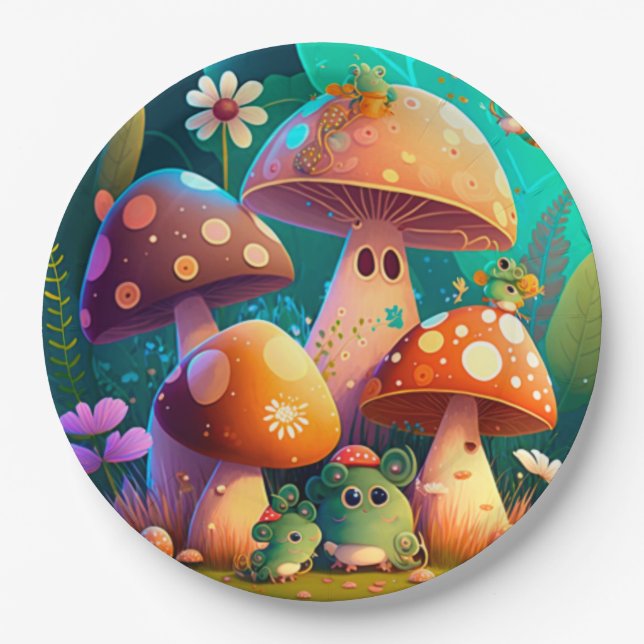 Lovely cute elves play under mushrooms  round pill paper plates (Front)