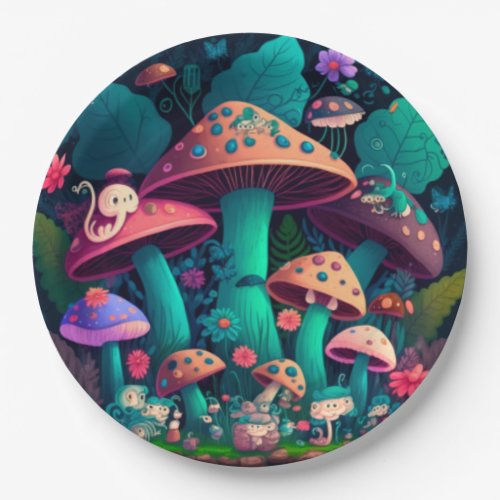 Lovely cute elves play under mushrooms  round pill paper plates