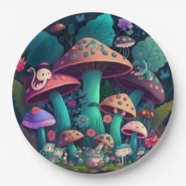 Lovely cute elves play under mushrooms  round pill paper plates (Front)