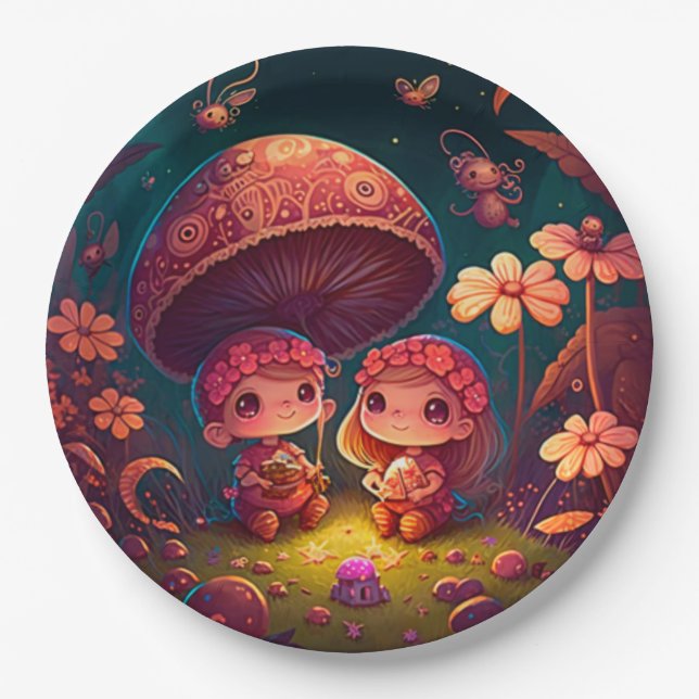 Lovely cute elves play under mushrooms  round pill paper plates (Front)