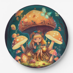 Lovely cute elves play under mushrooms round pill paper plates