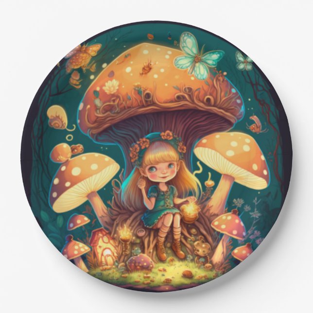 Lovely cute elves play under mushrooms  round pill paper plates (Front)