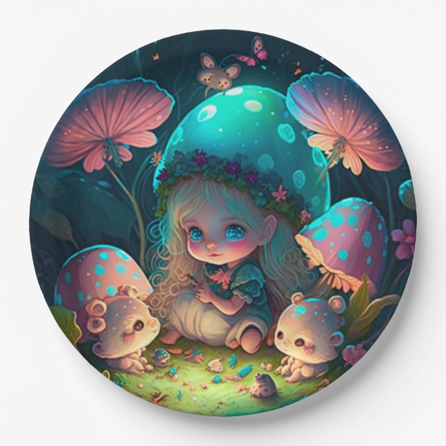 Lovely cute elves play under mushrooms  round pill paper plates (Front)