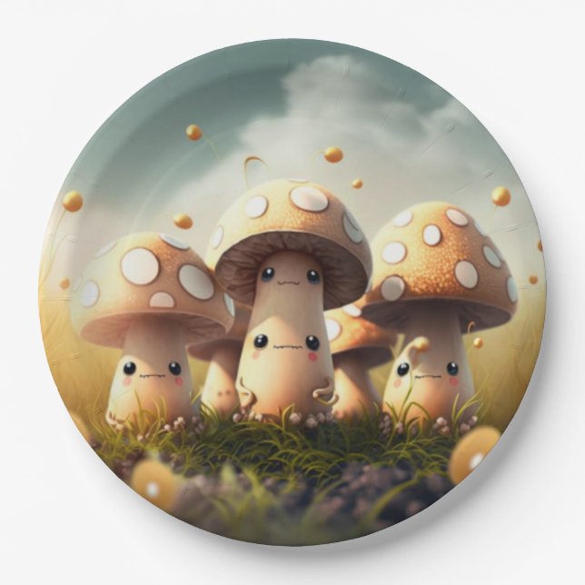 Lovely cute elves play under mushrooms  round pill paper plates (Front)
