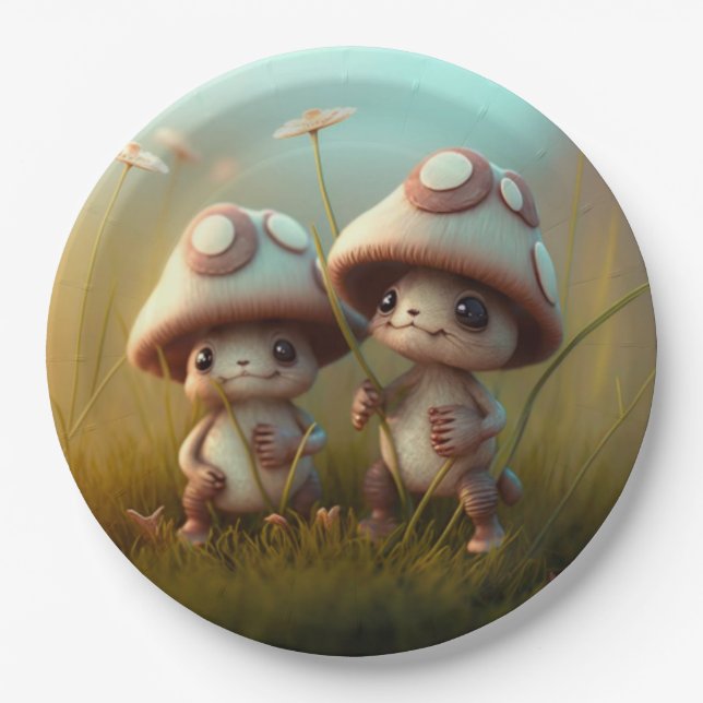 Lovely cute elves play under mushrooms  round pill paper plates (Front)