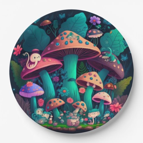 Lovely cute elves play under mushrooms  round pill paper plates