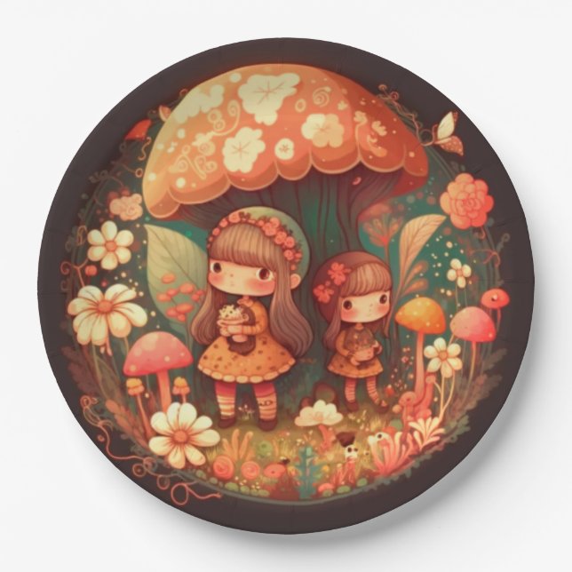 Lovely cute elves play under mushrooms  round pill paper plates (Front)