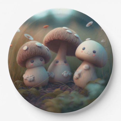 Lovely cute elves play under mushrooms  round pill paper plates