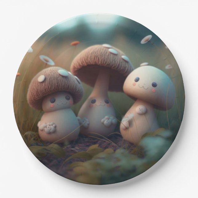 Lovely cute elves play under mushrooms  round pill paper plates (Front)