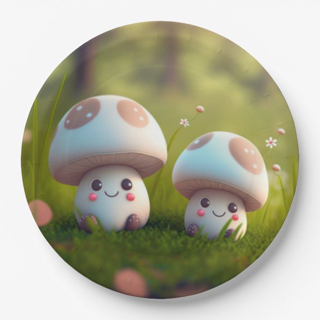 Lovely cute elves play under mushrooms  round pill paper plates (Front)