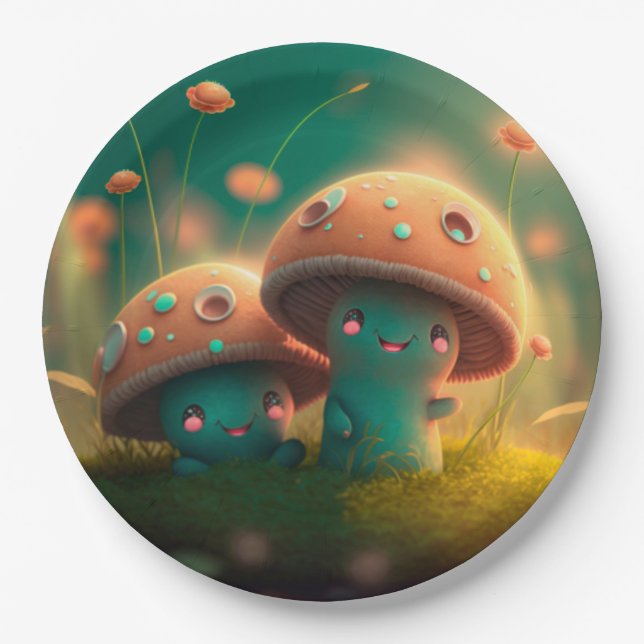 Lovely cute elves play under mushrooms  round pill paper plates (Front)