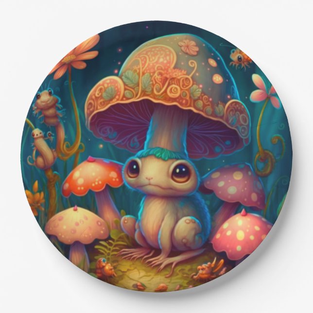 Lovely cute elves play under mushrooms  round pill paper plates (Front)