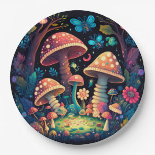 Lovely cute elves play under mushrooms round pill paper plates