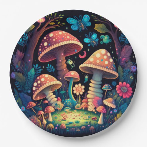 Lovely cute elves play under mushrooms  round pill paper plates