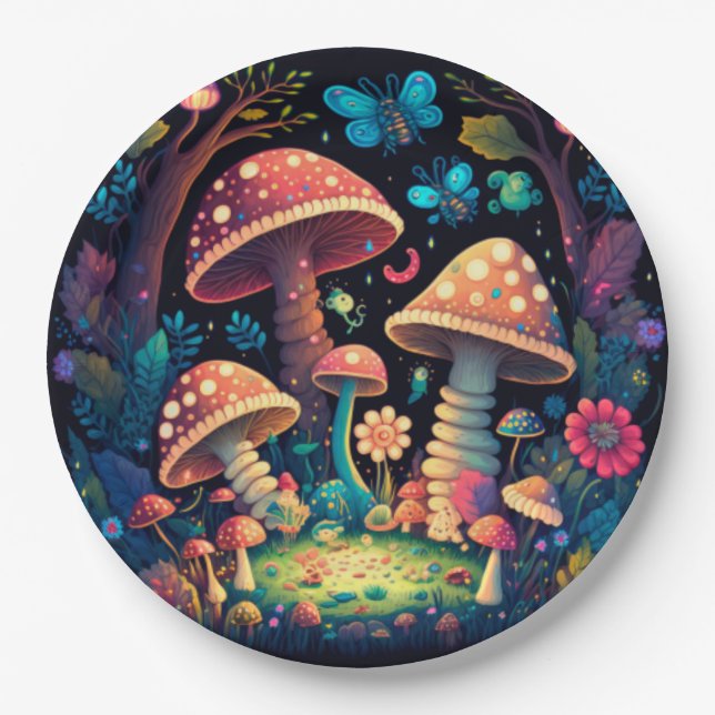 Lovely cute elves play under mushrooms  round pill paper plates (Front)