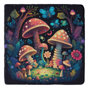 Lovely cute elves play under mushrooms  round pill trivet