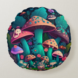Lovely cute elves play under mushrooms  round pillow