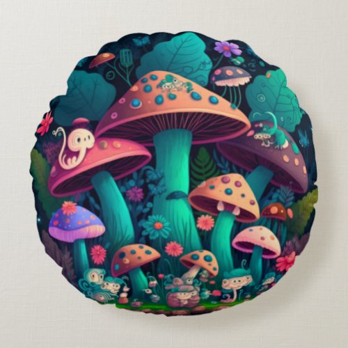 Lovely cute elves play under mushrooms  round pillow